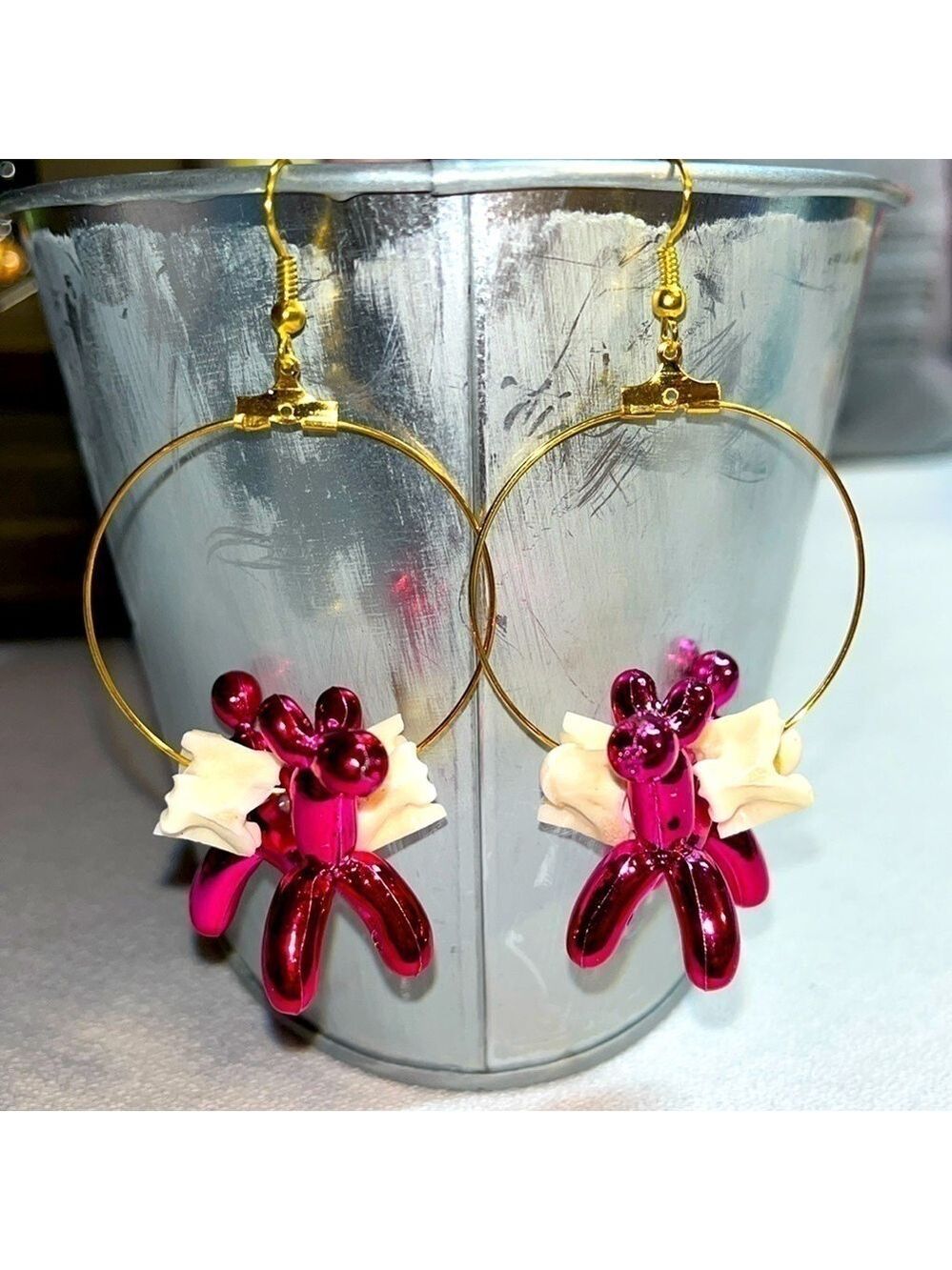 Snake Vertebrae & Pink Balloon Dog Earrings